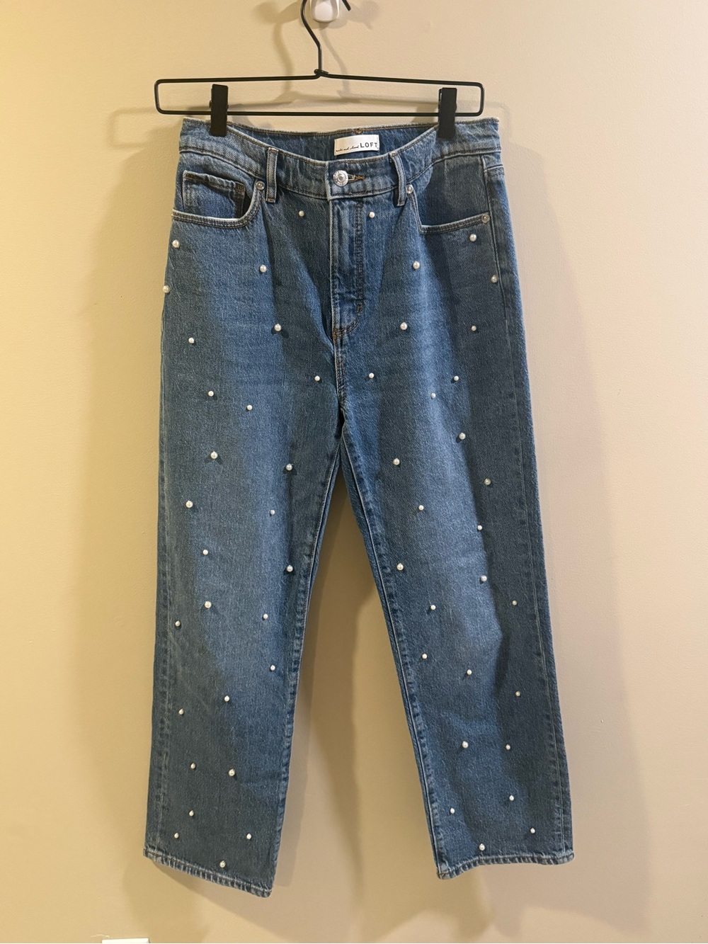 LOFT Blue Denim Pearl-Embellished “The Straight”